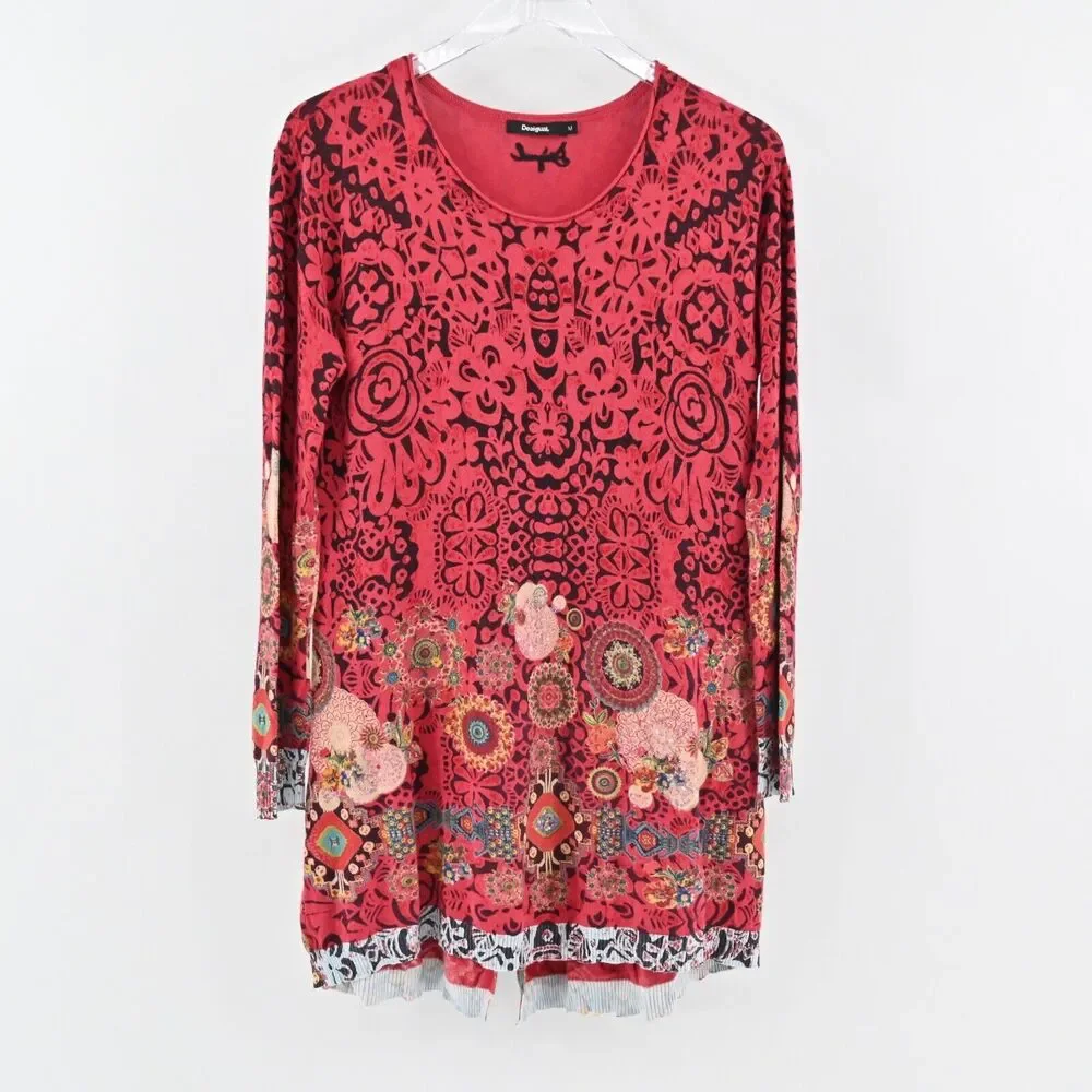 DESIGUAL Dress Womens Sz M Red Geometric Boho Lightweight Katy Tunic Long Sleeve